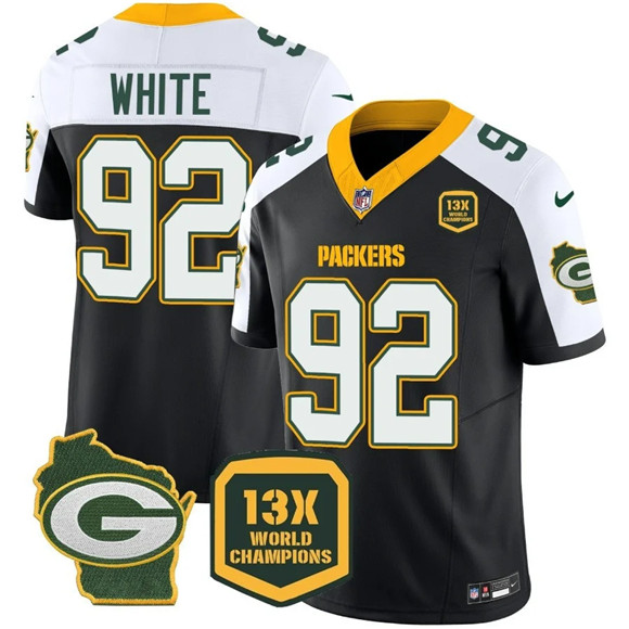 Men's Green Bay Packers #92 Reggie white Black/White 2023 F.U.S.E. Home Patch 13 Time World Champions Vapor Untouchable Limited Stitched Football Jersey